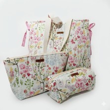 elisss bag 3'lü Set Kadın Çanta Plaj Çantası Düzenleyici Makyaj Çantası Çiçek Desenli Beyaz Lunchbag %100 Pamuk