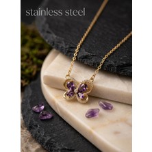 Stainless Steel 316L Çelik Zincir Gold Renk Mor Kelebek Model Çelik Kolye