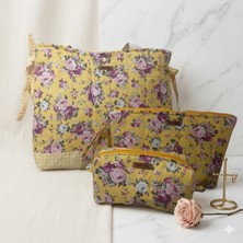 elisss bag 3'lü Set Kadın Çanta Plaj Çantası Düzenleyici Makyaj Çantası Çiçek Desenli Sarı Lunchbag %100 Pamuk