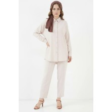 Tarzım Spor Giyim Kadın Gömlek Yaka Oversize Krem Ikili Takım