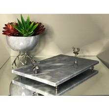 Miarik Design Dekoratif Gri Mermer Dikdörtgen Gümüş Geyik Detaylı Sunum Tepsısı Servis Tabağı