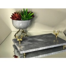 Miarik Design Dekoratif Gri Mermer Dikdörtgen Gold Geyik Detaylı Sunum Tepsısı Servis Tabağı