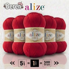 Alize  Diva - 106 Kırmızı - 5'li Paket - 100GR/350M - Parlak Merserize Yazlık Baharlık Örgü Ipi