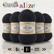 Alize  Diva - 60 Siyah - 5'li Paket - 100GR/350M - Parlak Merserize Yazlık Baharlık Örgü Ipi