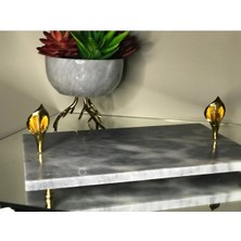 Miarik Design Dekoratif Gri Mermer Dikdörtgen Gold Orkıde Detaylı Sunum Tepsısı Servis Tabağı
