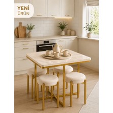 Eylül Puflu Gold Metal 4 Kişilik Masa Takımı Mutfak Masası Takımı Balkon Masası Takımı Kahve Masası Takımı Krem Kumaş