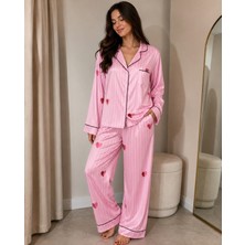 Cns Woman Kalp Desenli Saten Pijama Takımı Pembe Çizgili