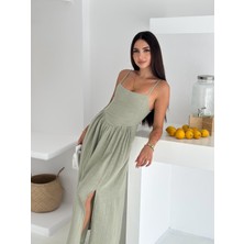 Salome Butik Ip Askılı Pileli Yırtmaçlı Uzun Elbise