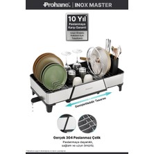 Prohane Inox Master KD600 | 304 Paslanmaz Çelik Genişletilebilir Bulaşıklık | Geniş Kapasiteli Tezgah Üstü Kurutmalık, Su Tahliye Tepsili