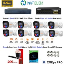 Nif Bilişim Xmeye 5mp 2.8mm Sabit Lens Polis Çakarlı Sesli ve Gece Renkli 8 Kameralı Ip Kamera Seti 1tb Disk