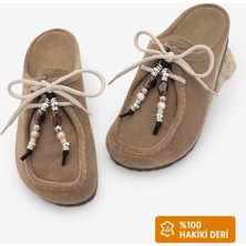 Marjin Kadın Hakiki Deri Eva Taban Önü Kapalı Bağcık Detaylı Boncuklu Sabo Günlük Terlik Nosela Camel Süet