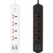 Qasul Yeni Nesil 10 Girişli 4+4 USB + 2 Type-C Çoklu Priz 2m Kablolu Akım Korumalı Anahtarlı Uzatma Priz