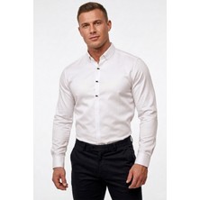 Deepsea Beyaz Slim Fit Likralı Kolay Ütülenebilir Gizli Düğmeli Erkek Gömlek 2602614