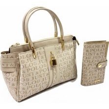Just Polo Kadın El & Omuz Çantası Gold Detaylı Özel Tasarım Çanta + Uyumlu Cüzdan Seti 22X28 cm