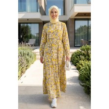 Harma Time Butik Kadın Düğmeli Desenli Modal Sarı Elbise