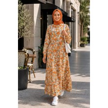 Harma Time Butik Kadın Düğmeli Desenli Modal Turuncu Elbise