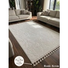 NarStore Home Krem Kaymaz Taban Pon Pon Saçaklı Yıkanabilir Salon Halısı Mutfak Halısı Yolluk