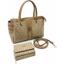 Just Polo Şık Model Lüks El & Omuz Çantası Gold Detaylı Özel Tasarım Çanta ve Uyumlu Cüzdan 22X28 cm