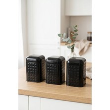 Evle 3'lü Set Kabartmalı Metal Saklama Kabı 1.3 Lt Erzak Kutusu 10.8X10.8X11.8 cm Siyah