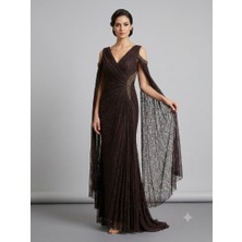 Centilmen For Costume Kadın Dantel Detaylı Pelerin Kollu Uzun Abiye Elbise 10422