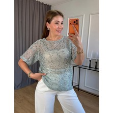 Size Özgü Mint Yeşili Pullu File Bluz
