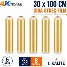 100 Metre x 30 cm Gıda Streçi 8 Micron 5li Paket | Kutusuz Ev Tipi ve Endüstriyel Streç Film 1. Kalite (Net  100 Metre)