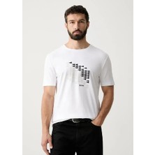 Boss Erkek Bisiklet Yaka Baskılı Rahat Beyaz T-Shirt 50566853-100