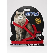 Pati Kedi Göğüs Tasması ve Kayışı , Gezdirme Seti Kırmızı