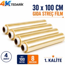 100 Metre x 30 cm Gıda Streçi 8 Micron 4lü Paket | Kutusuz Ev Tipi ve Endüstriyel Streç Film 1. Kalite (Net  100 Metre)