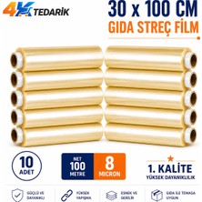 100 Metre x 30 cm Gıda Streçi 8 Micron 10LU Paket | Kutusuz Ev Tipi ve Endüstriyel Streç Film 1. Kalite (Net  100 Metre)