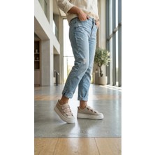 Shoetek Orrel Kadın Sneakers Üç Bantlı Taşlı Spor Ayakkabı Bej Deri