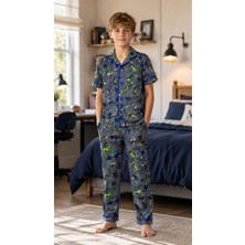 Enie Erkek Çocuk Gri Karakter Desenli Yazlık Pijama Takımı + Göz Bandı