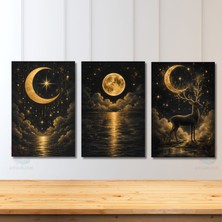 Artarilion Dikey 3'lü Kanvas Tablo Seti Mistik Gece Gökyüzü Geyik Ay Yıldızlar Ev Ofis Tablosu Ev Dekorasyonu Yeni Ofis Hediyesi