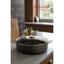 EVREN MUTFAK 34 cm Gold Stone Maksi Basık Tencere, Non-Stick Pilav Karnıyarık Kavurmalık Tenceresi 6,2 Lt