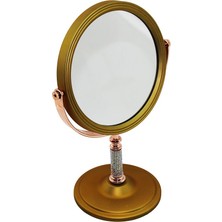 Trend Kapında Taş Saplı Yuvarlak 7 Inç= Çap:17.5cm Makyaj Aynası Çift Taraflı Bronz - Gümüş Pls.çerçeve Sabit Ayak