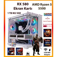 Comloji Ga Esp Pro Beyaz Sistem RX580 8gb + Ryzen 5 5500 16GB Ram 1tb SSD + Sıvı Soğutucu Akvaryum Kasa Full Rgb Tak Çalıştır Beyaz Oyuncu Bilgisayarı