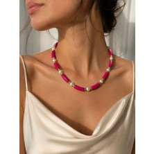 Up Atelier Plaj Modası Yazlık Incili Pembe Kolye 45-50 cm Ayarlanabilir