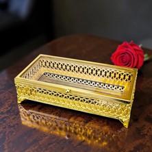 Dülger Avm Cam Kapaklı Aynalı Takı Kutusu, Altın Cam Kapaklı Sandık, Çikolata Şeker ve Takı Kutusu 23X12CM Altın