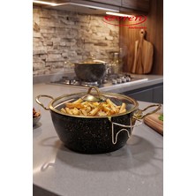 EVREN MUTFAK Cips Tenceresi 3 Parça Gold Stone (Siyah) + Süzgeçli 24 cm Yapışmaz Taban