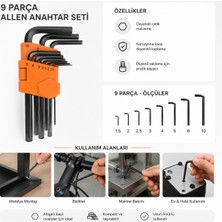 Badem10 RC0215 Allen Anahtar Seti 9 Parça Düz Uzun Alyan Takımı Dayanıklı Çelik Profesyonel Kullanım