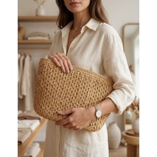 Linas Collection Bohem Şıklık: El Yapımı Hasır Clutch Çanta (Büyük Boy)