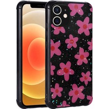 Zore iPhone 12 Uyumlu Simli Desenli Kamera Korumalı Parlak Nvth Popy Kapak-Çiçek