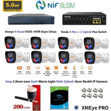 Nif Bilişim Xmeye 5mp 2.8mm Sabit Lens Polis Çakarlı Sesli ve Gece Renkli 8 Kameralı Ip Kamera Seti 2tb Disk
