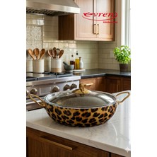EVREN MUTFAK 26 cm Leopar Desen Güveç Granit Basık Tencere, Non-Stick Pilav Karnıyarık Tenceresi 2,8 Lt (Paslanmaz Çelik Kulp)