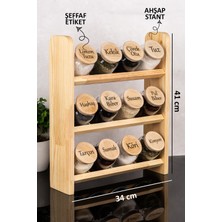 Dolkin Home 3 Katlı Lüks 12'li Baharatlık Seti Ahşap Stantlı 300 ml Cam Kavanoz Şeffaf Etiketli Baharatlık Saklama Kabı Organizer
