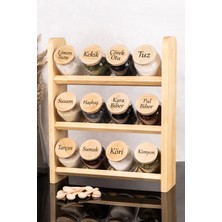 Dolkin Home 3 Katlı Lüks 12'li Baharatlık Seti Ahşap Stantlı Kaşıklı Set 300 ml Cam Kavanoz Şeffaf Etiketli Baharatlık Saklama Kabı Organizer