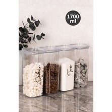 Dolkin Home 4'lü Vakum Kapaklı 1700 ml Saklama Kabı Akrilik Mika Çay Şeker Kahve Tuz Etiketli Saklama Kavanozu