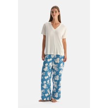 Dagi Beyaz V Yaka Kısa Kollu Dokuma Pijama Takımı