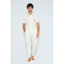 Feyza Erkek Bej Çizgili Kısa Kollu Gömlek Pijama Takımı
