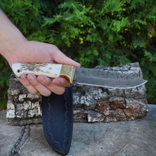 Köse Mehmet Bushcraft 35 cm – Geyik Boynuzu Saplı – Damascus Çelik El Yapımı Özel Seri